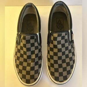 Unisex black and gray checkered vans, slip on , women’s size 7
